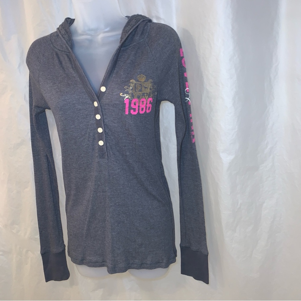 2008 M Gray Thermal Long Sleeve Button Hooded Shirt PINK VICTORIA’S SECRET